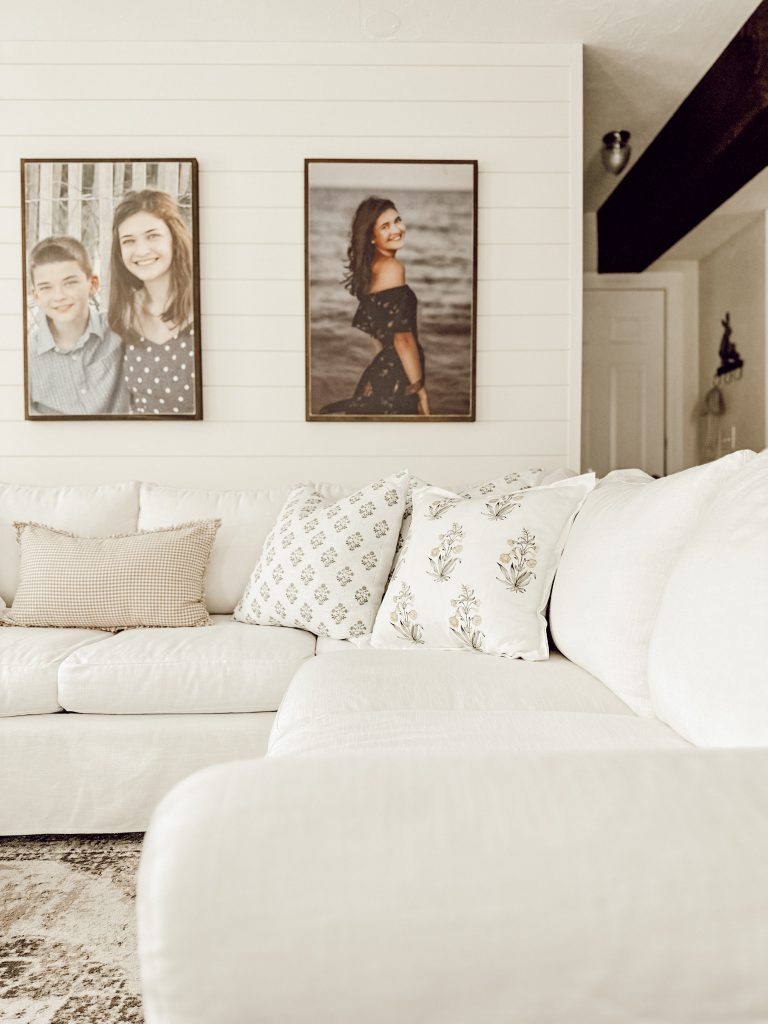 Throw pillow combination on a couch for cozy home decor in the family room.