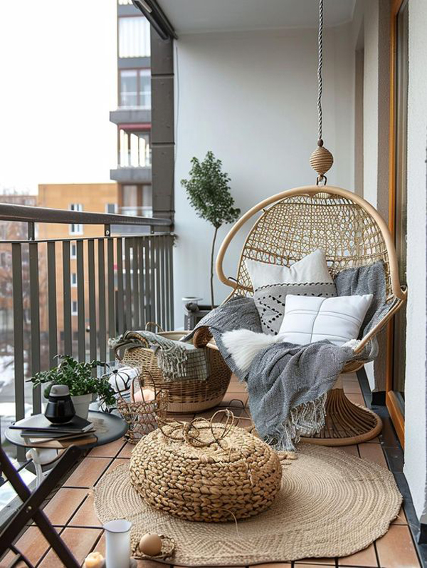 creative-small-balcony-decor-with-rattan-hanging-chair