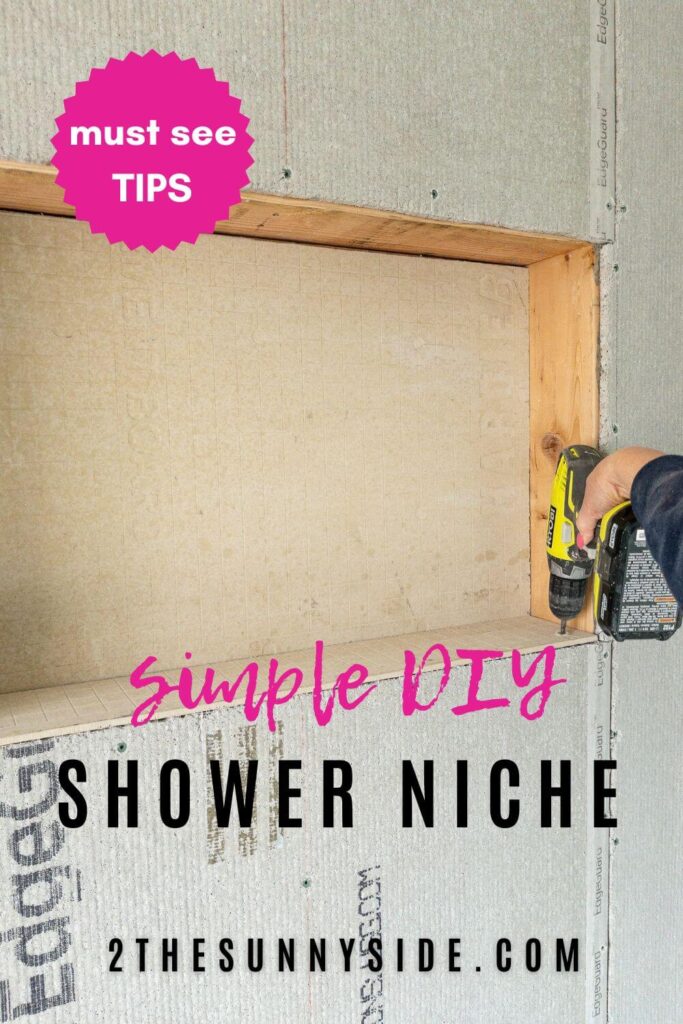 Pinterest image, How to Build a Simple and Affordable Shower Niche
